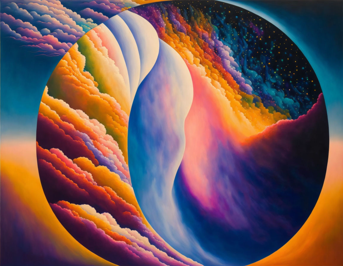 Colorful Abstract Painting with Layered Crescent Shapes and Cosmic Background