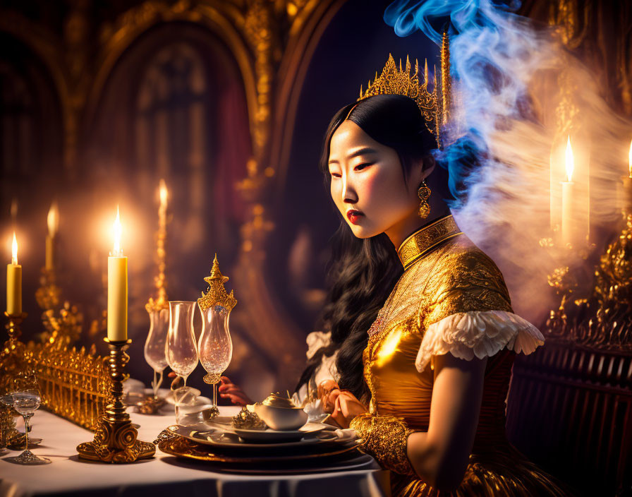 Regal woman in opulent setting with swirling smoke