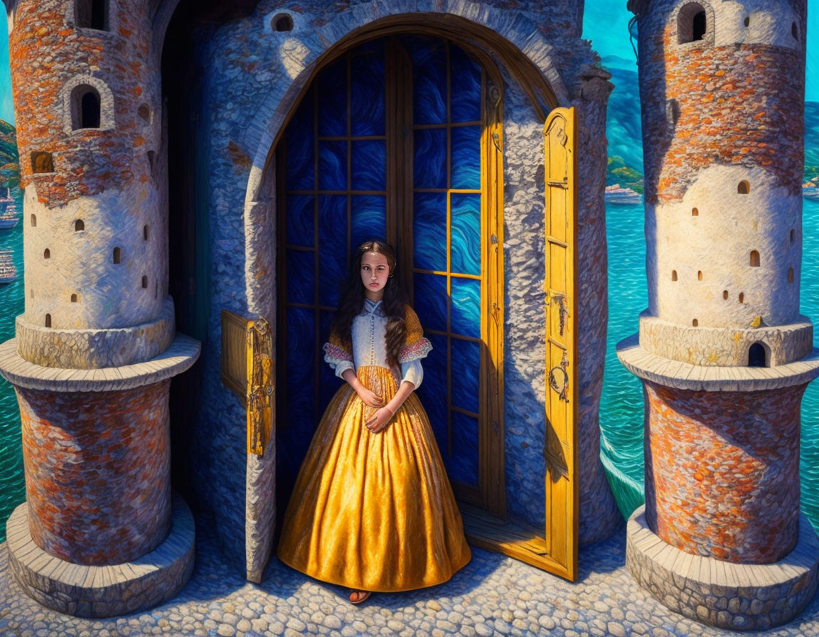 Young girl in historical dress by ornate door with towers, lake and mountains.