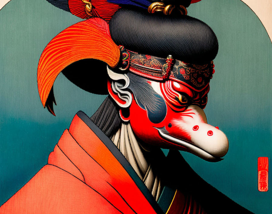 Traditional Japanese Kabuki actor with red and white face mask in vibrant costume on green background