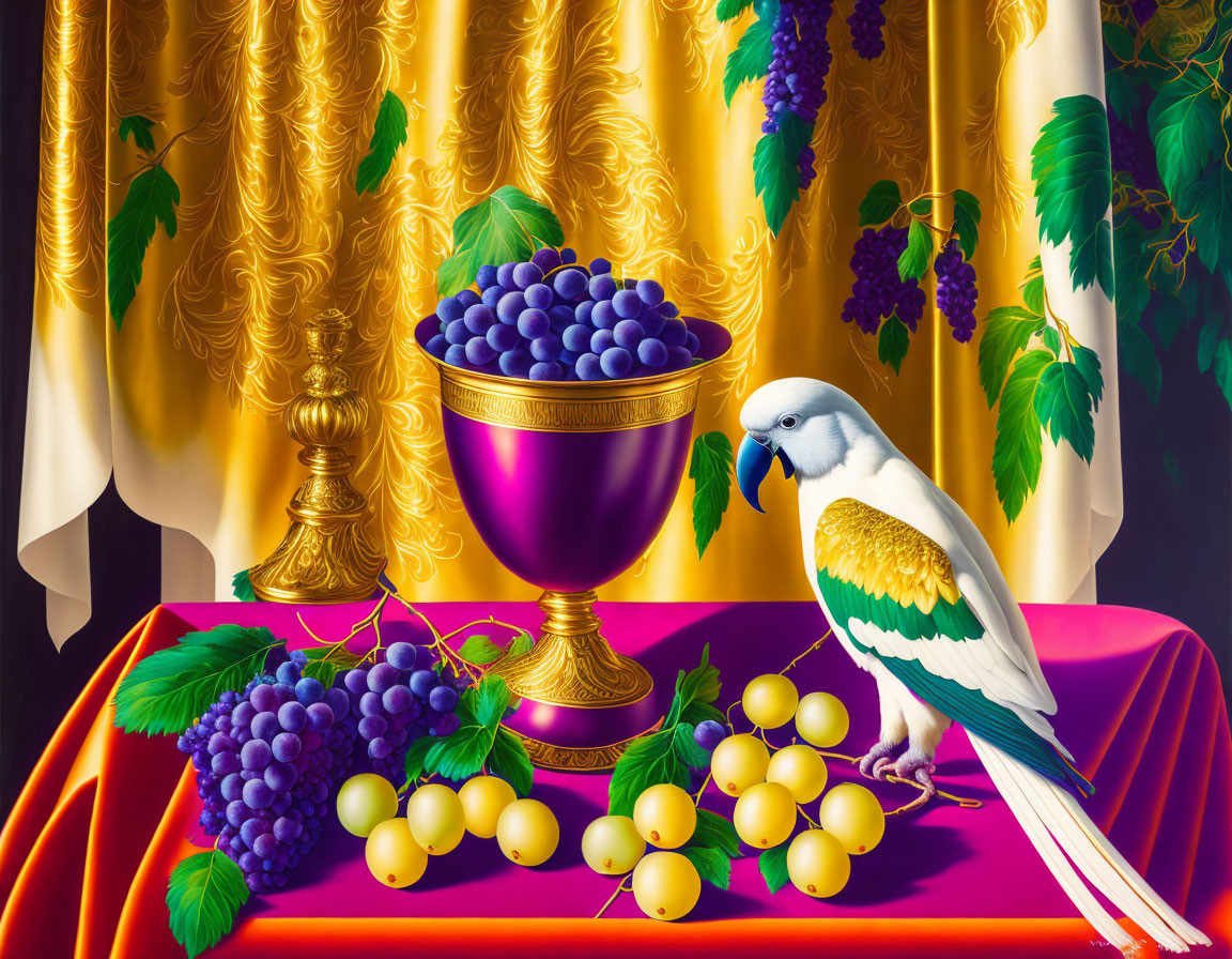 Colorful Still Life: Blue Grapes, Parakeet, Purple Grapes, Green Leaves,