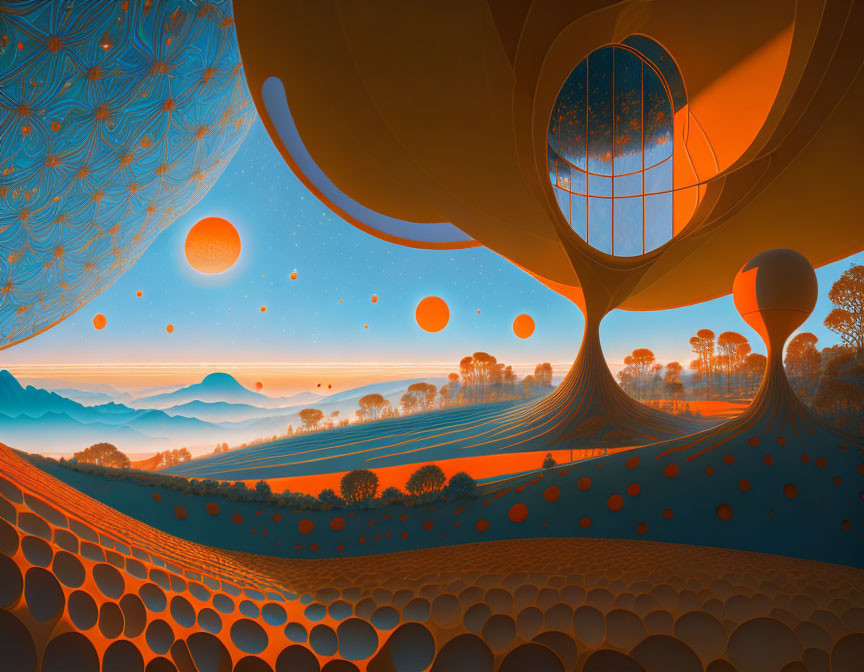 Surreal landscape with orange hues, geometric patterns, and floating spheres above misty blue mountains under