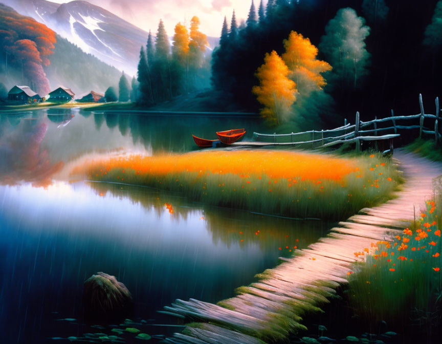 Tranquil lake scene at dusk with wooden pathway, orange boat, autumn trees, and distant mountains