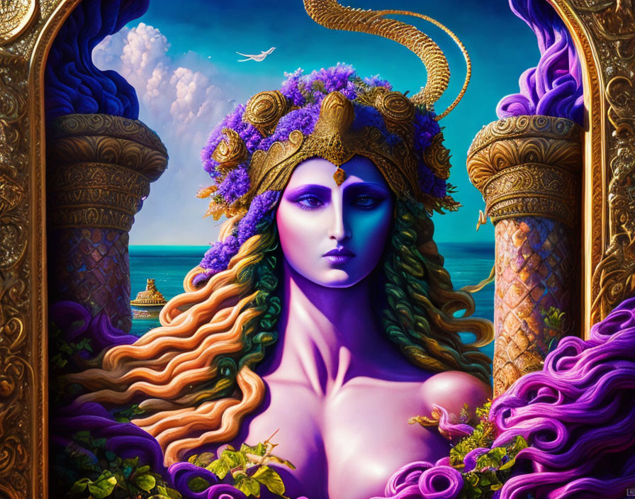 Purple-skinned crowned female with orange and purple hair in vibrant seascape.