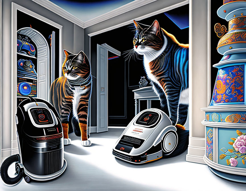 Curious cats watch robotic vacuum cleaners in modern home.