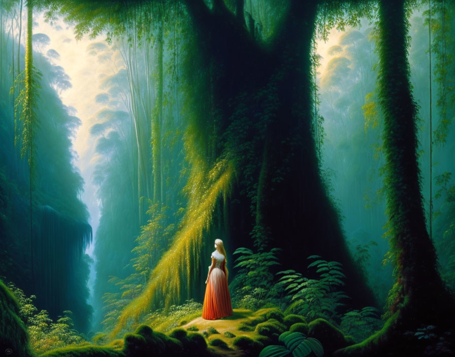 Woman in long dress in lush forest with waterfall