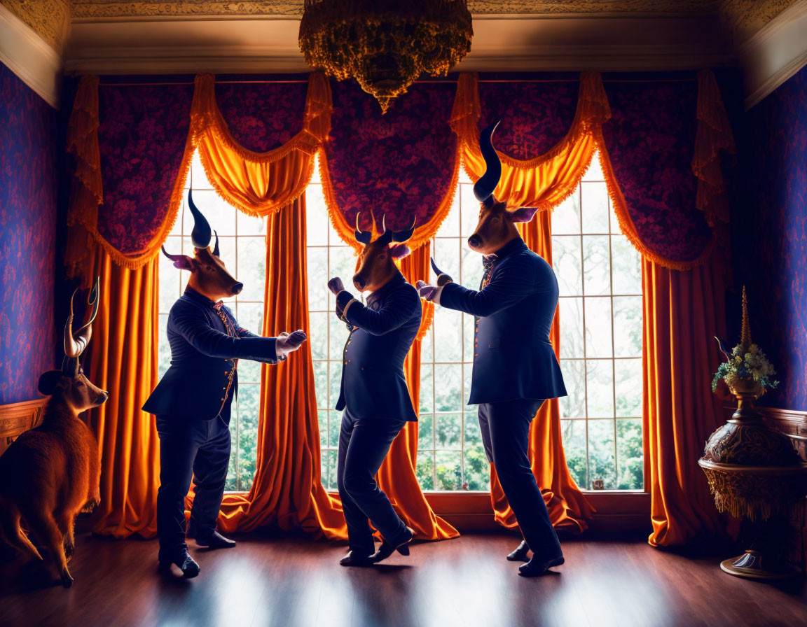 Three individuals in deer masks dance in opulent room