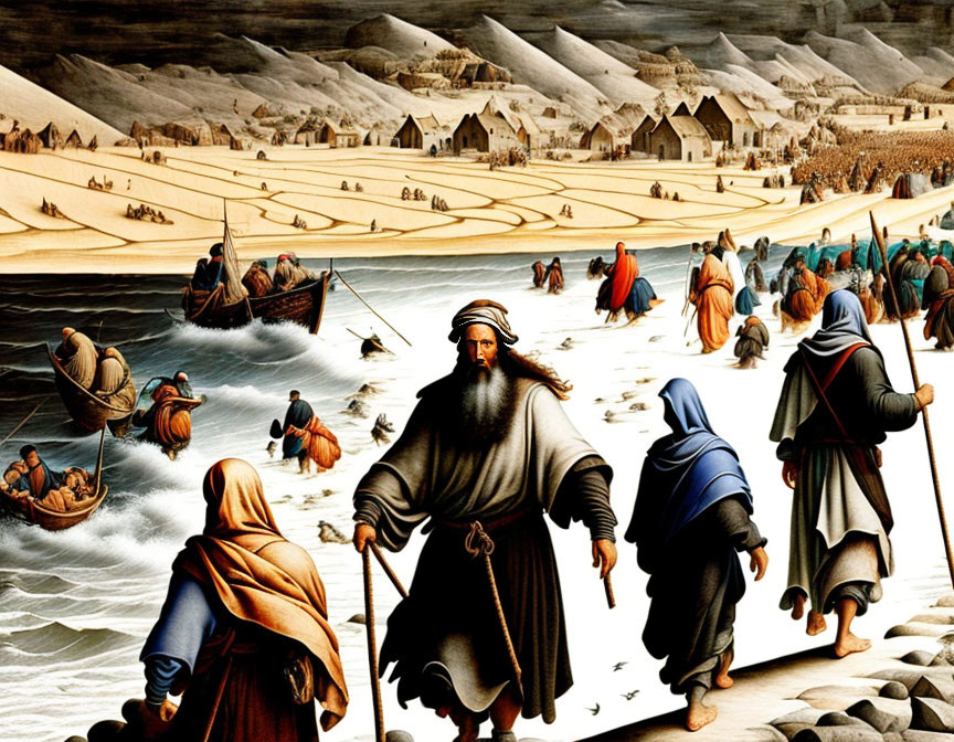 Illustration of Moses leading Israelites on water with boats and ancient settlement