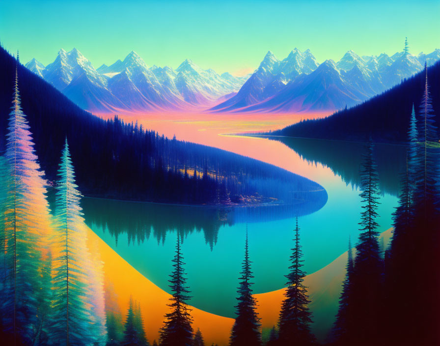 Serene river with snowy peaks, colorful skies, and forest landscape