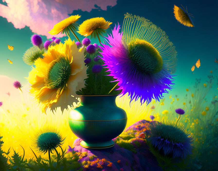 Colorful Stylized Flower Bouquet in Green Pot Against Dreamy Meadow & Sunset Sky