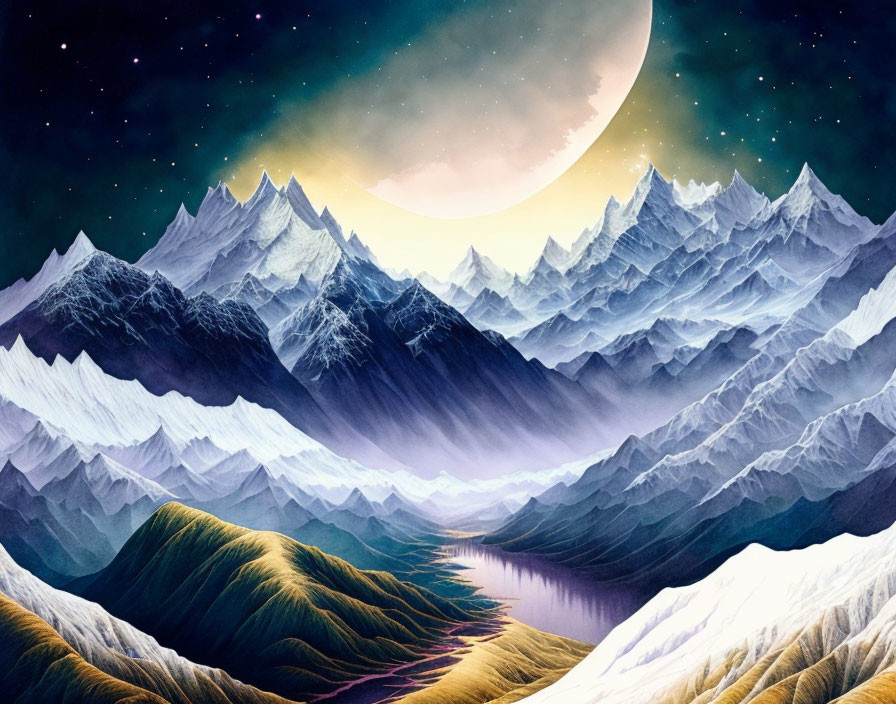 Snow-capped mountains, river valley, starry sky, oversized moon landscape