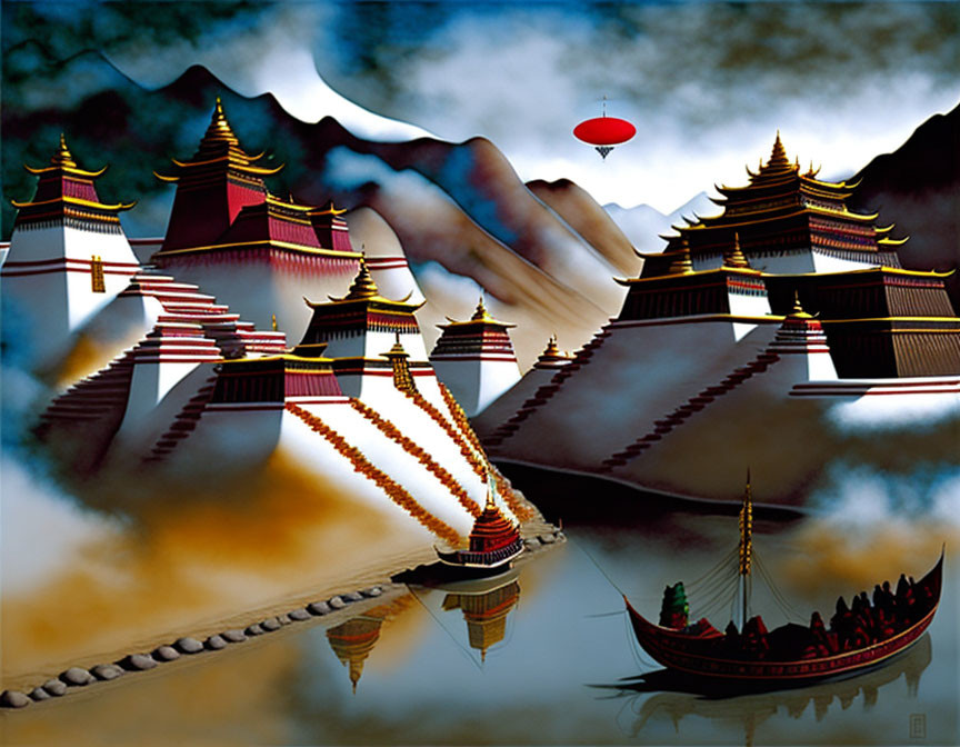 Asian-style pagodas, reflective lake, traditional boat, mountains, red sun in stylized artwork