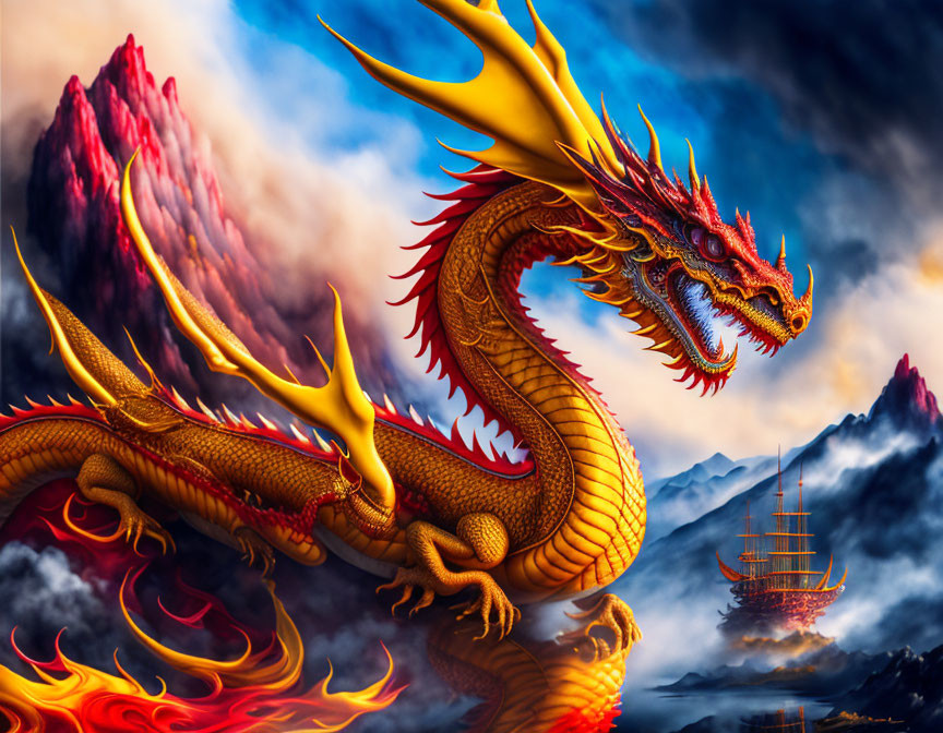 Colorful dragon in dramatic sky with mountains and ancient ship.