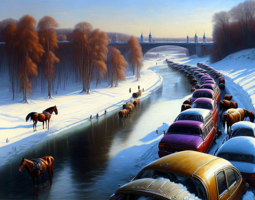 Vintage Cars Parked in Snowy Winter Scene with Horses Crossing Frozen River