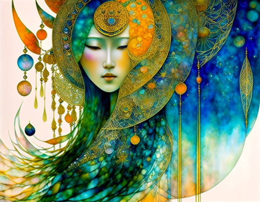 Fantasy artwork: Serene female figure with ornate headpiece and cosmic background