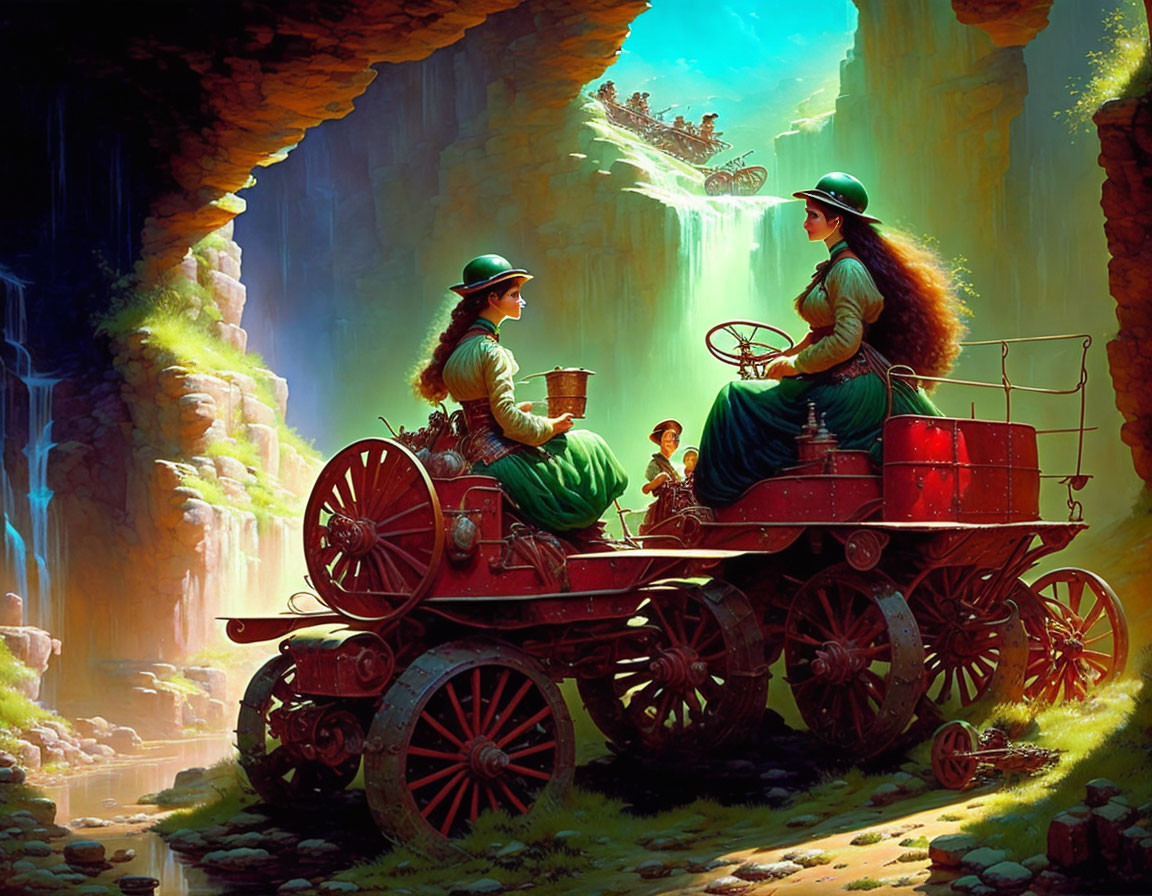 Two women in green outfits on red steampunk vehicle in lush cavern with flying machine.