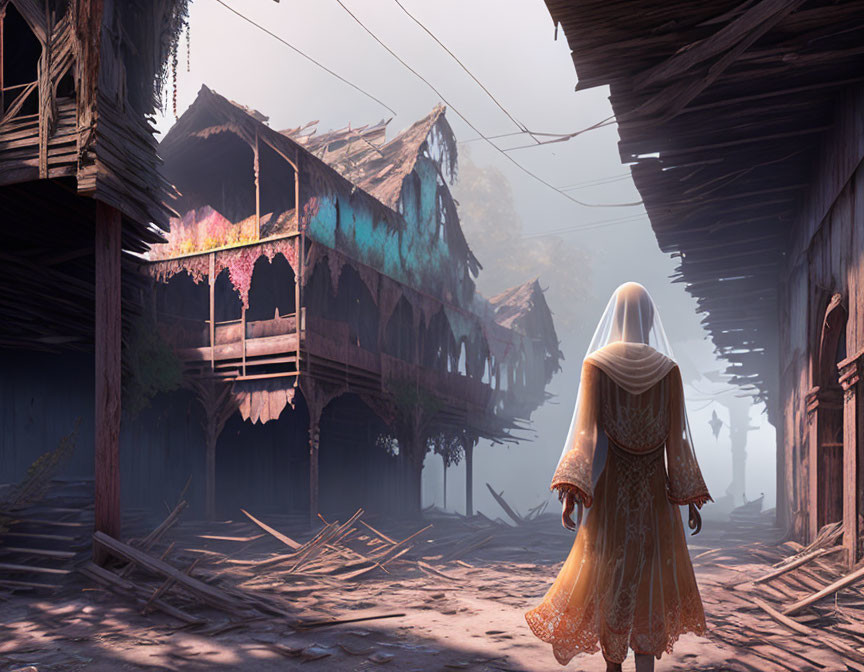 Traditional orange and white outfit in misty wooden village.