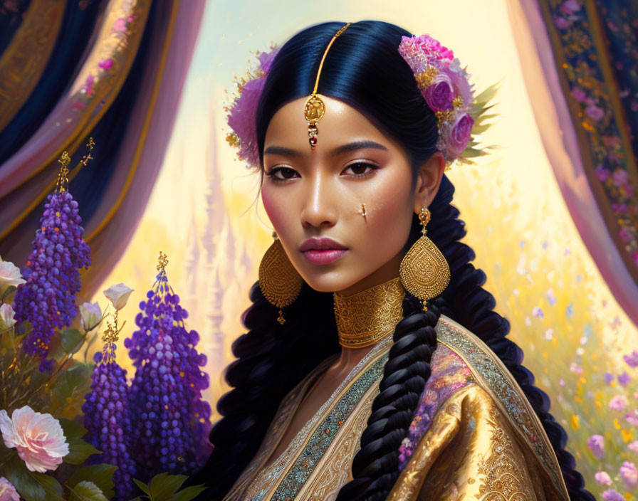 Woman portrait with braided hair, gold jewelry, and traditional attire.