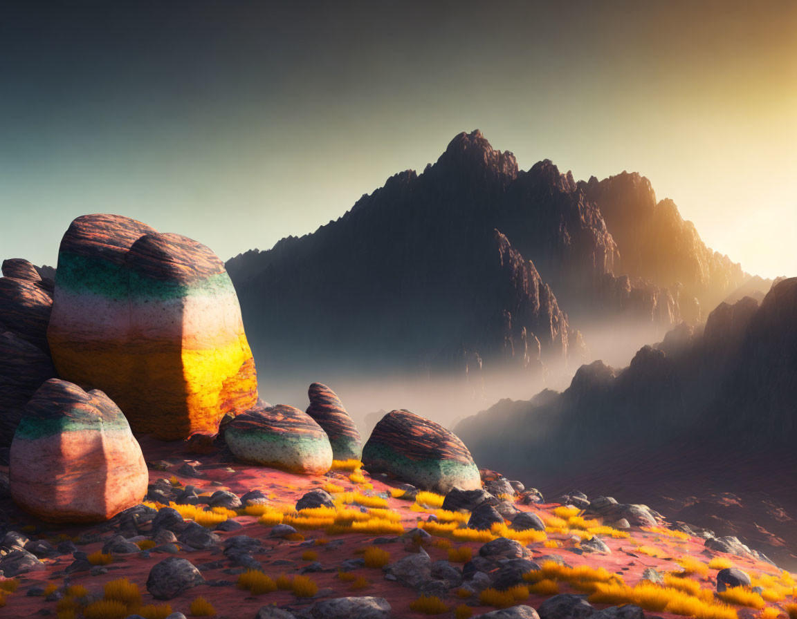 Vibrant surreal landscape with colorful boulders and mountains