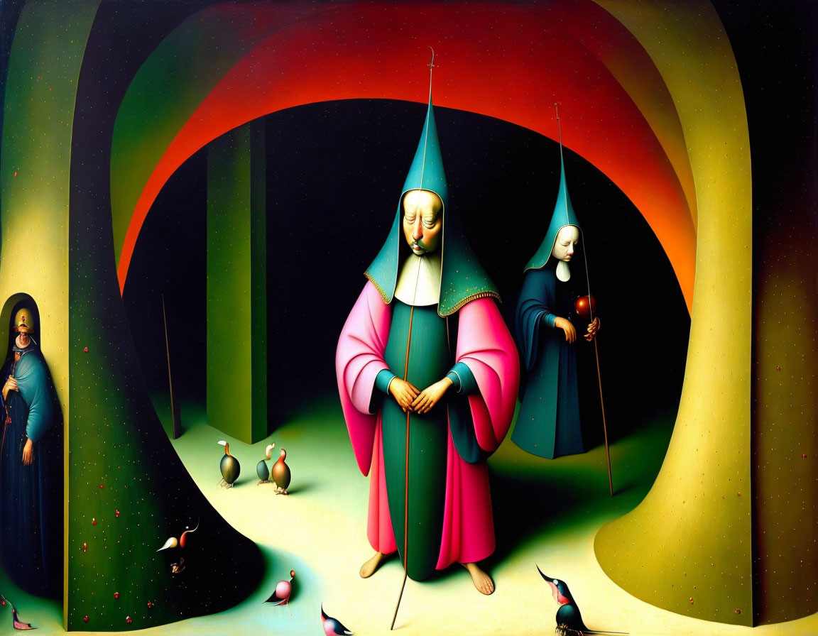 Surreal artwork: Robed figures, cone-shaped heads, rainbow arches, birds, dream