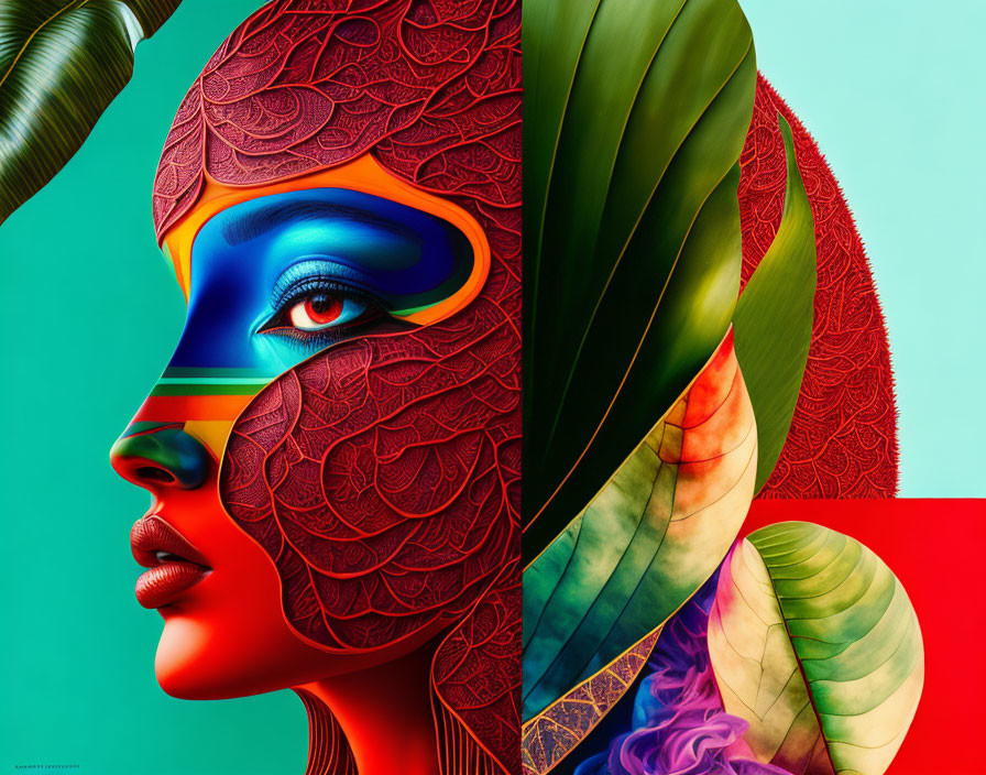 Colorful Digital Artwork: Woman's Face with Patterned Skin and Leaf-Shaped Hair