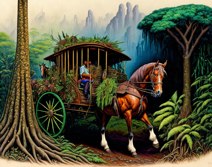 Wooden horse-drawn carriage in lush forest with man holding reins