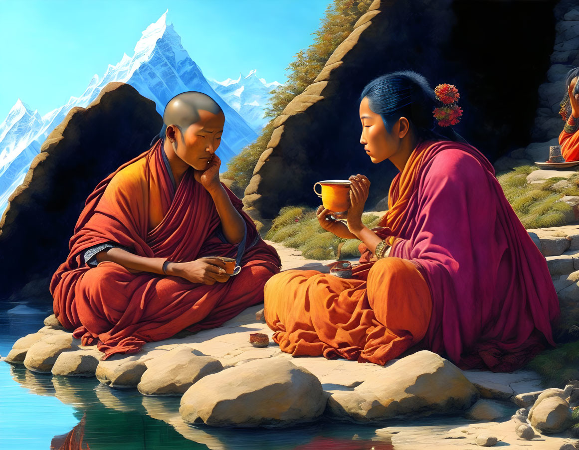 Monks in Orange Robes at Mountain Lake Tea Ceremony