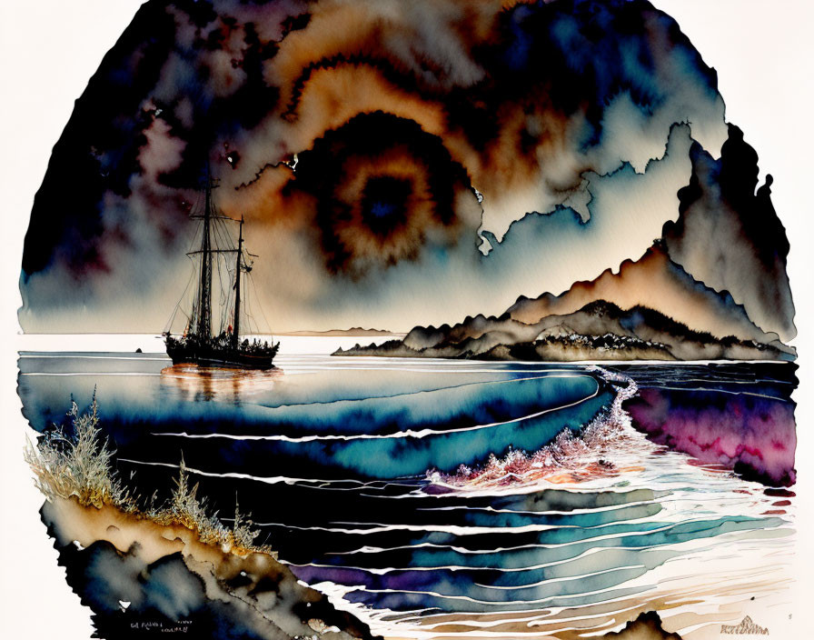 Vibrant watercolor artwork: ship at sea with stylized waves and swirling sky