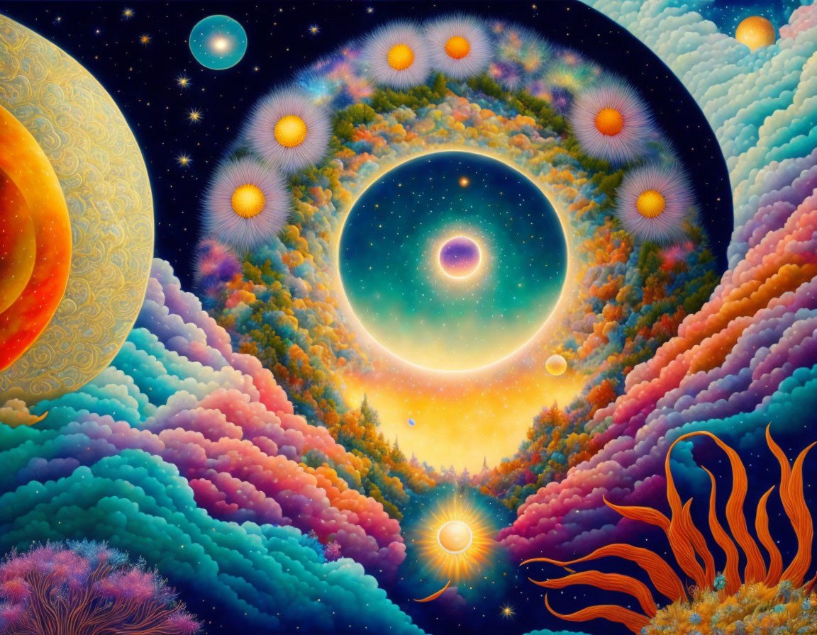 Colorful Psychedelic Scene with Celestial Eye and Surreal Landscape