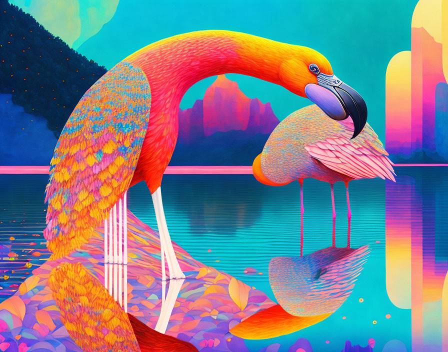 Colorful Flamingo Illustration with Surreal Landscape Reflection