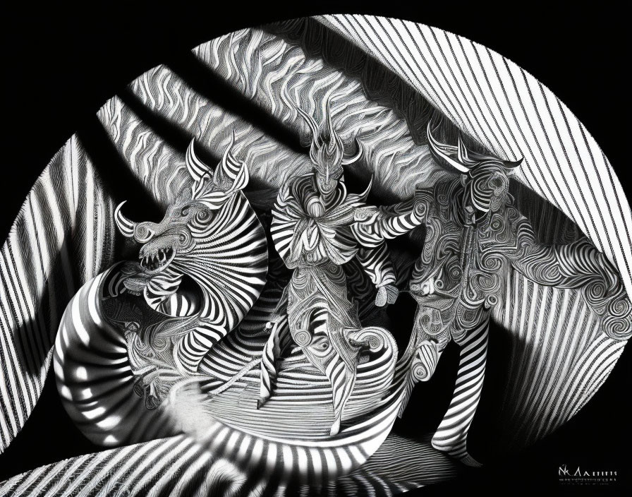 Intricate Monochromatic Abstract Art with Animal-like Figures