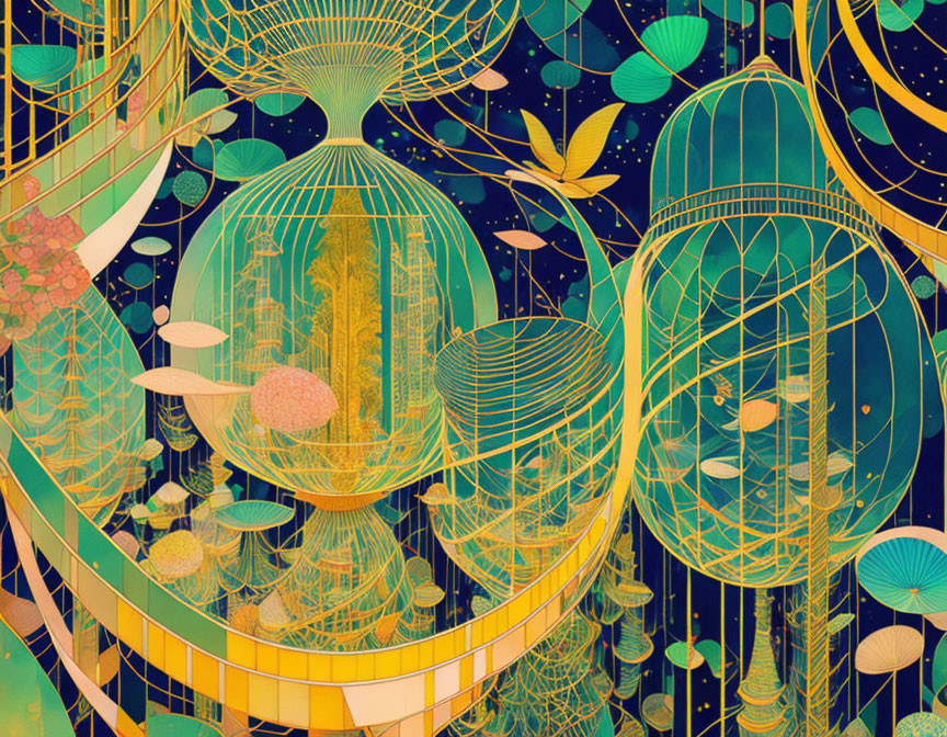 Colorful artwork: intricate spherical structures with golden bridges in starry setting