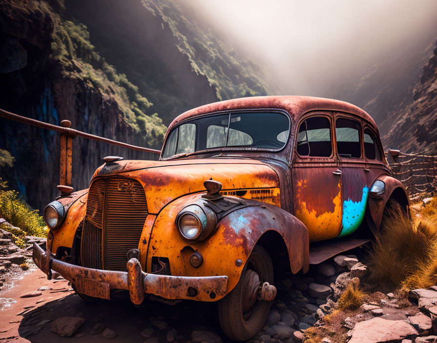 Abandoned rusty car in rocky canyon under hazy sky