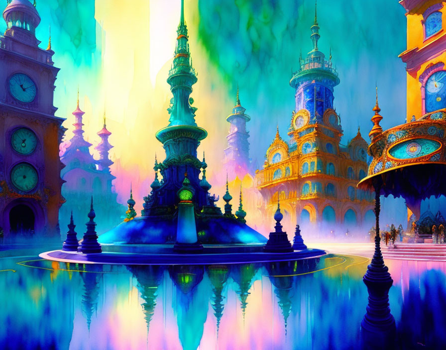 Colorful Fantasy Cityscape with Reflective Surfaces and Ornate Towers