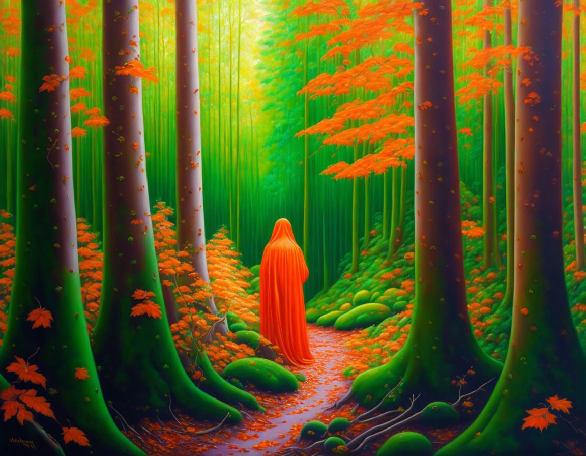 Person in Orange Cloak Standing in Lush Forest with Autumn Leaves