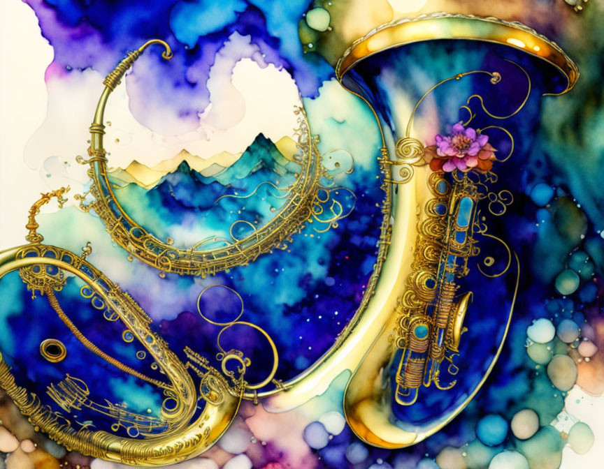 Ornate saxophone illustration with floral details on cosmic backdrop