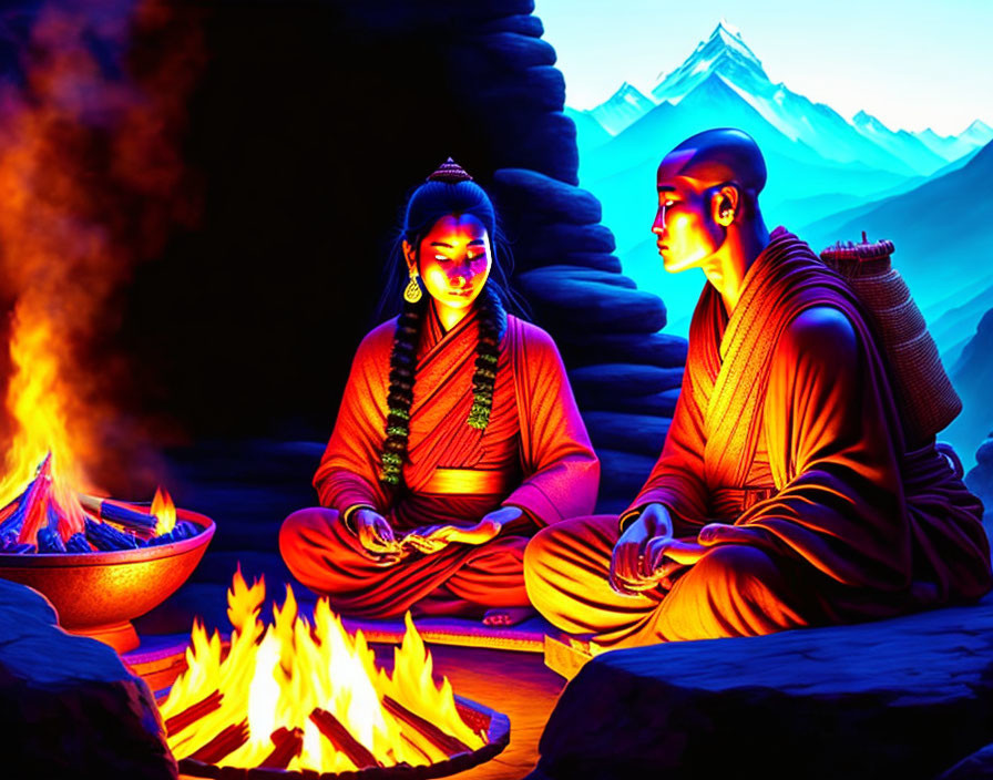 Animated figures in traditional orange attire by fire with mountain backdrop at twilight