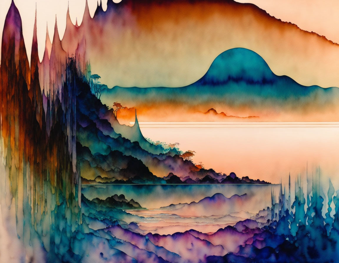 Layered Mountain Watercolor Painting with Sailboat Silhouette