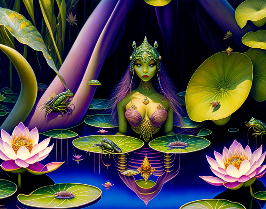 Fantasy illustration of mystical woman with elaborate headwear in nocturnal waterscape