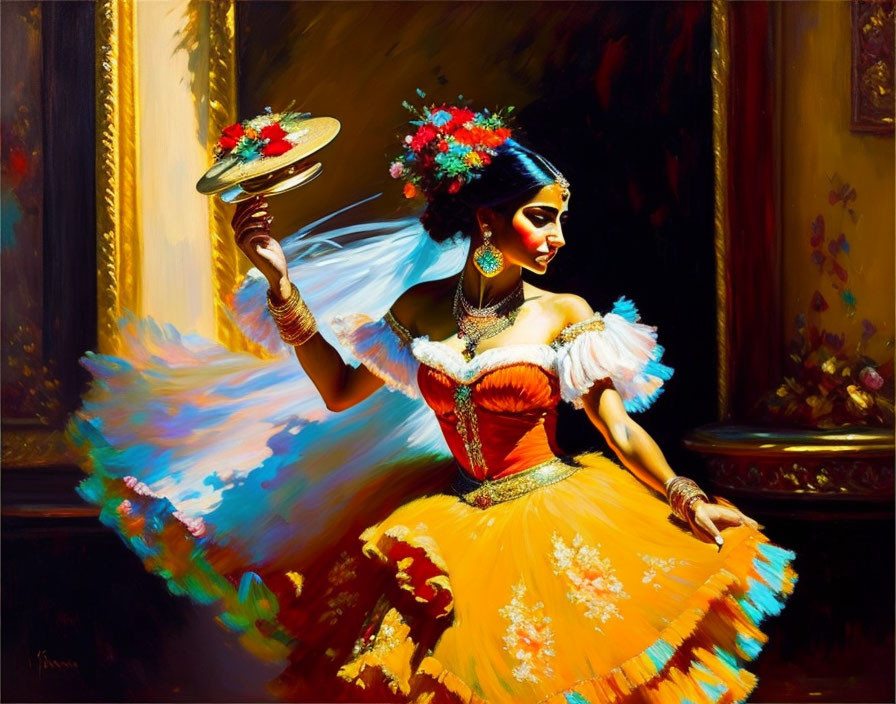 Colorful Traditional Dress Woman Painting with Plate and Jewelry