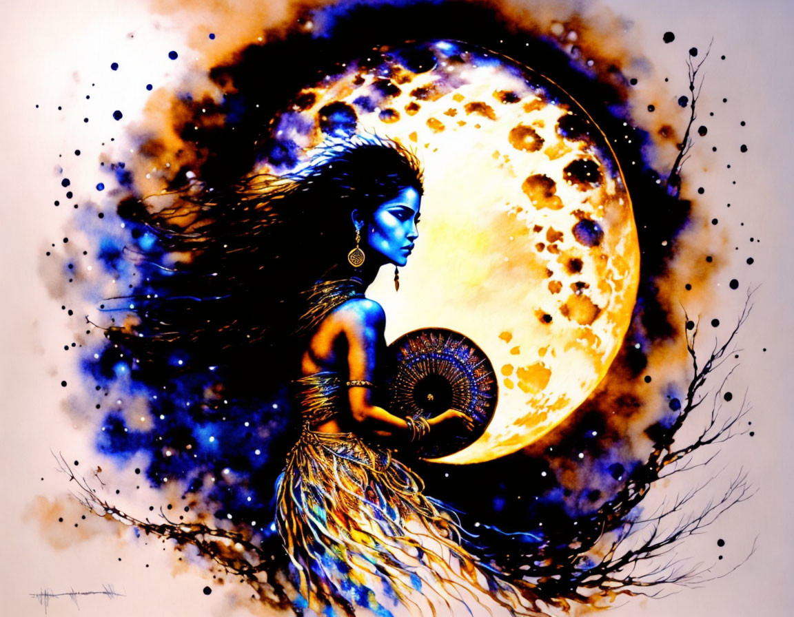 Illustration of woman with blue skin, sun dress, holding fan, with detailed moon.