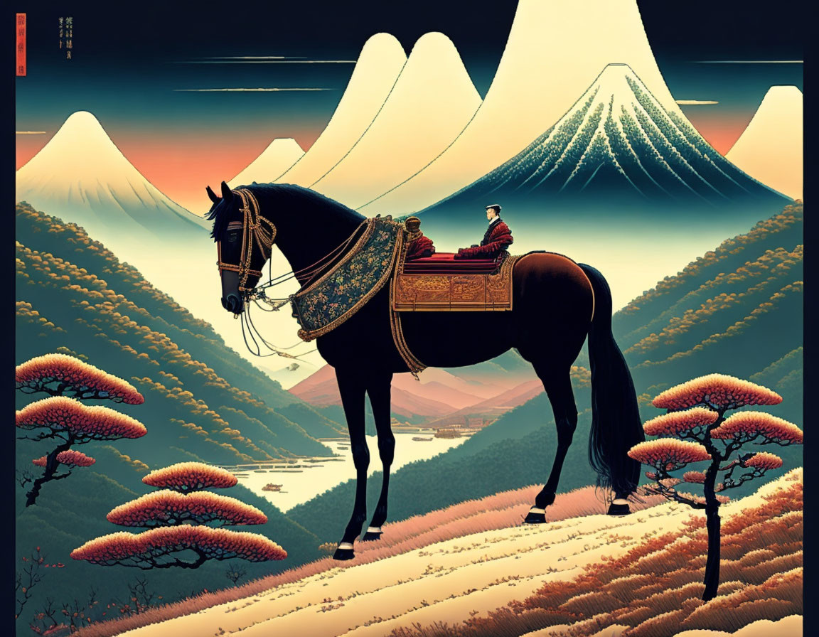 Traditional palanquin horse ride through scenic mountains and rivers.