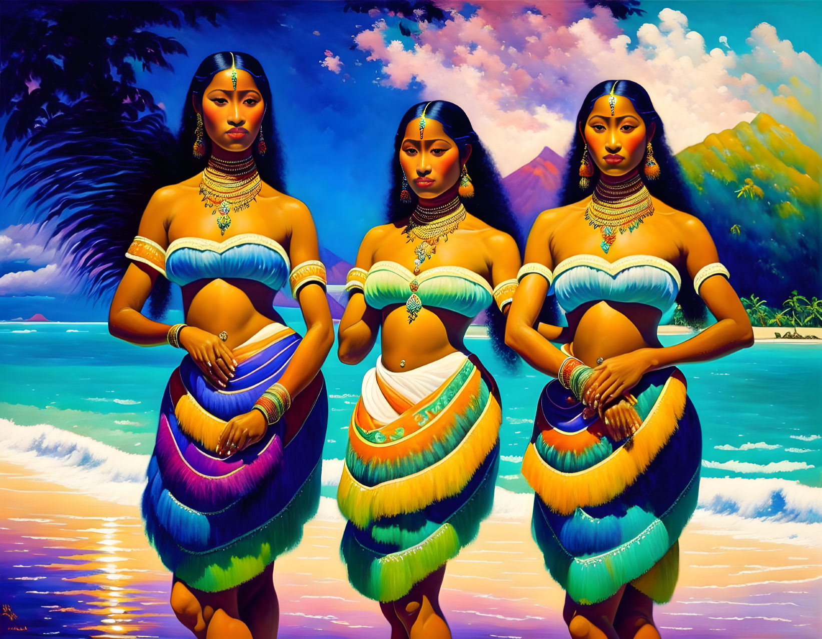 Three women in traditional attire against tropical backdrop