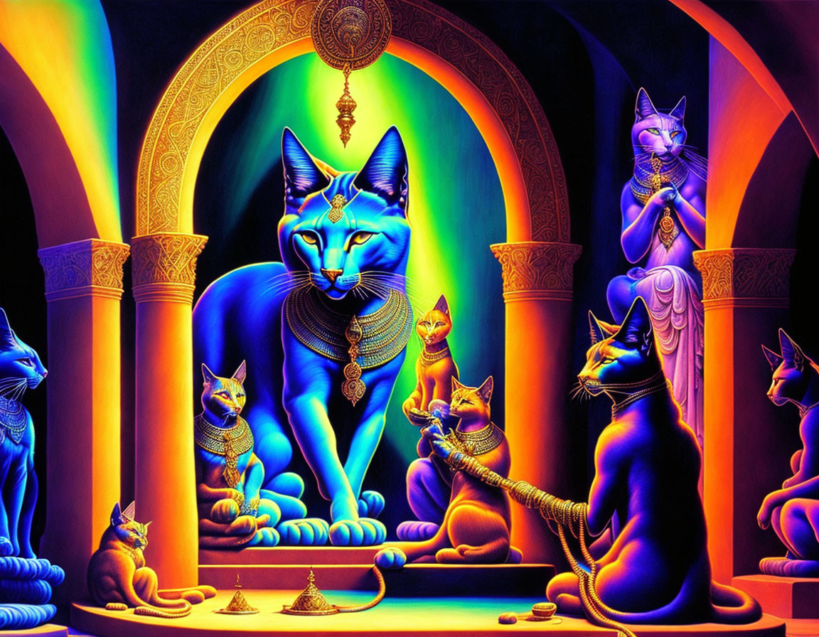 Colorful Artwork: Majestic Cats in Egyptian Setting