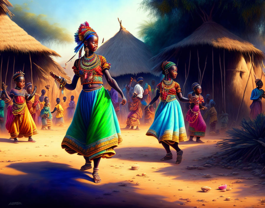 Traditional African attire: Women dancing in village at sunset