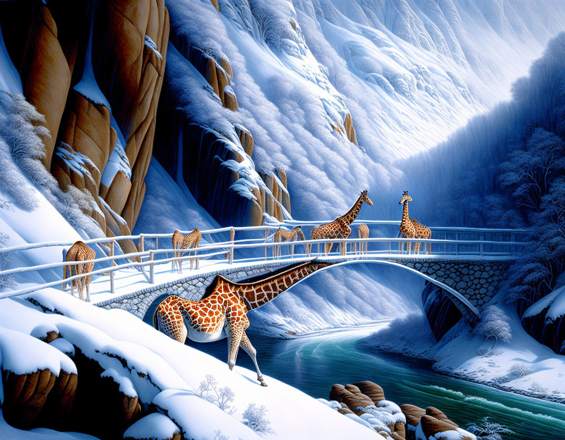 Giraffes on Snow-Covered Bridge in Winter Landscape