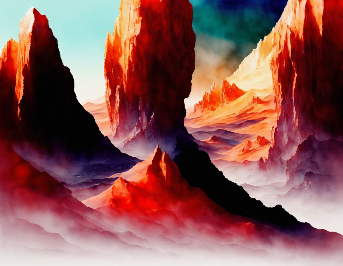 Vibrant illustration of fiery red mountain peaks and colorful clouds