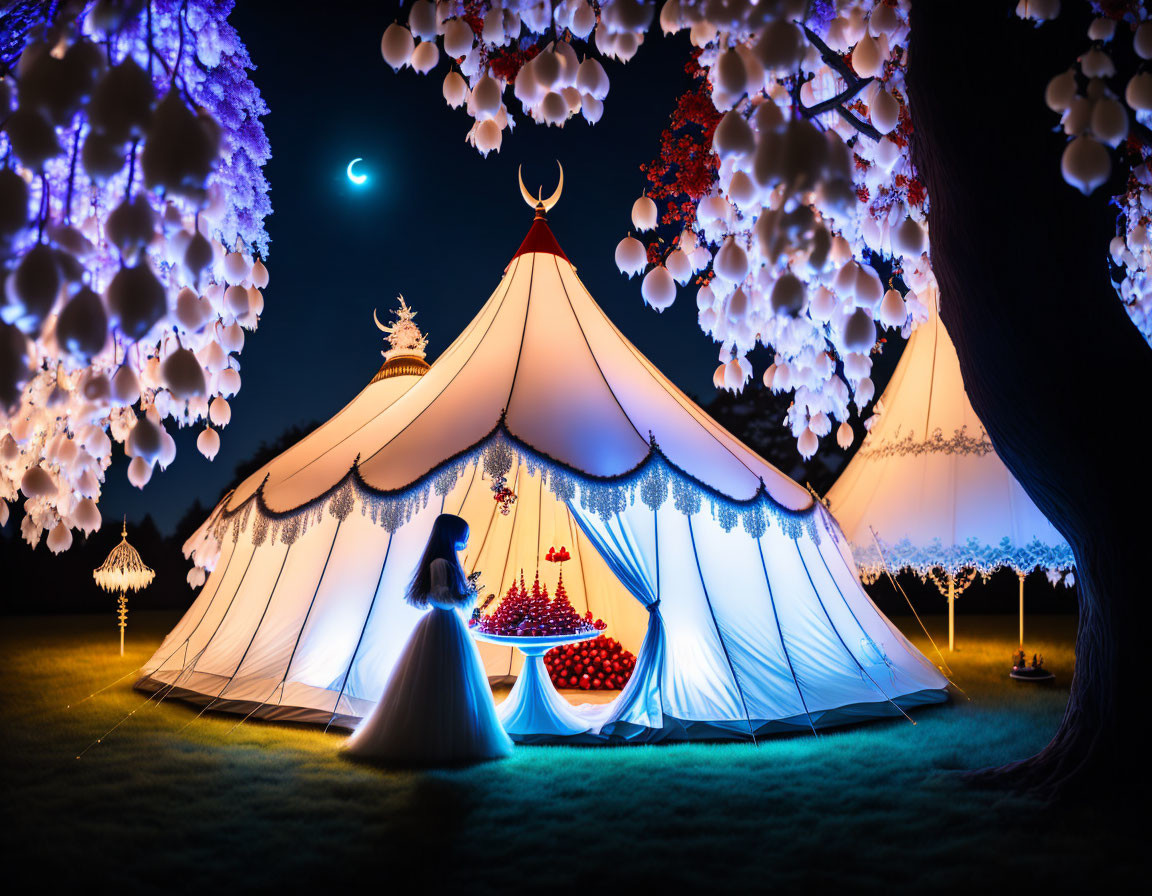 Person in white dress under moonlit sky with illuminated tent and cherry blossom trees