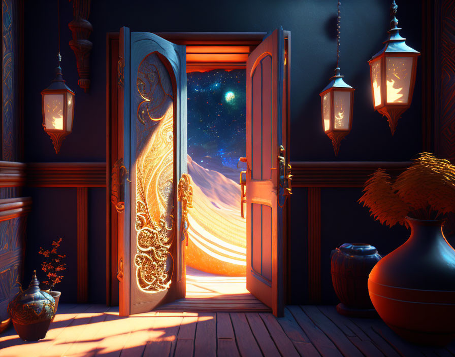 Digital art: Open door to desert with ringed planet, lanterns, and carvings