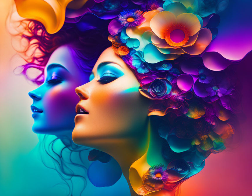 Colorful digital artwork featuring two women's profiles with floral hair adornments